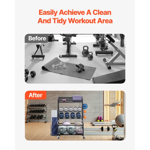 VEVOR Yoga Mat Storage Rack, Home Gym Workout Equipment, Powder Coated Finish Steel Mat with Hooks & Wheels, Weight Rack for Dumbbell, Kettlebell,