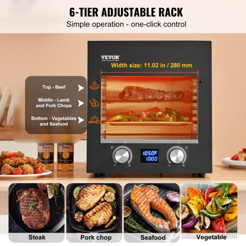 VEVOR 1800W Electric Steak Grill, Smokeless Infrared Electric Broiler, 1450°F Stainless Steel Steak Cooker with 6-Tier Adjustable Rack, Electric