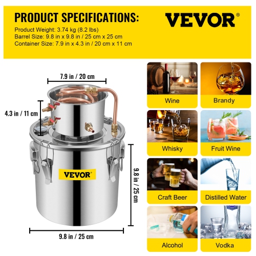 VEVOR 3GAL 12L Water Alcohol Distiller Copper Wine Making Boiler Multi Home DIY Brewing Distilling Kit for Fruit Wine, Water, Brandy, And Refining