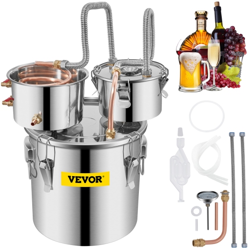 VEVOR  3Gal 12L Moonshine Still Distiller Stainless Steel Water Distiller Copper Tube w Circulating Pump Home Brewing Kit Build-In Thermometer For