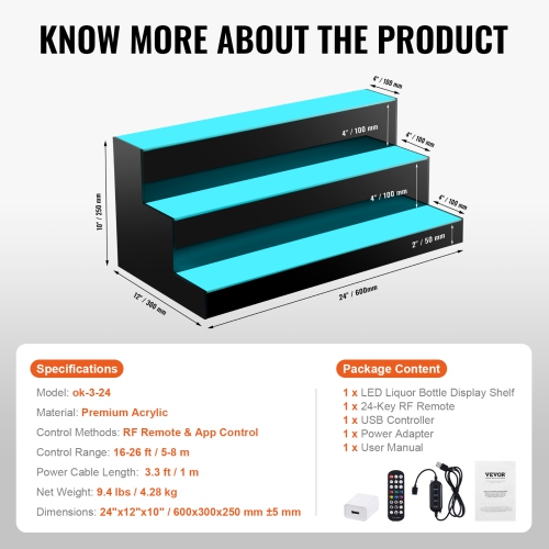 VEVOR 3 Tiers 24 Inch LED Lighted Liquor Bottle Display, Commercial Illuminated Home Bar Shelf, 3 Steps Whiskey Rack Stand, Acrylic Drink Shelves