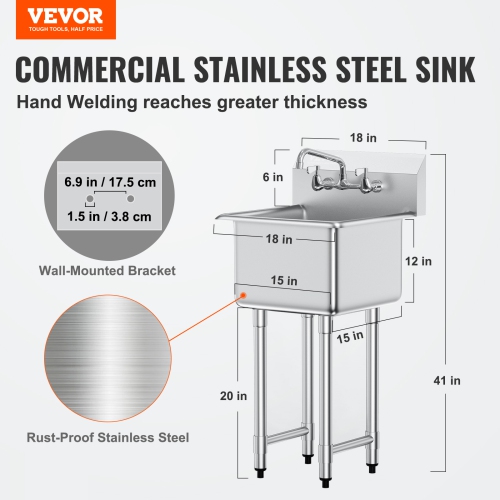 VEVOR 18"x41" Stainless Steel Prep & Utility Sink, 1 Compartment Free Standing Small Sink Include Faucet & legs, Commercial Single Bowl Sinks for