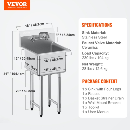 VEVOR 18"x41" Stainless Steel Prep & Utility Sink, 1 Compartment Free Standing Small Sink Include Faucet & legs, Commercial Single Bowl Sinks for