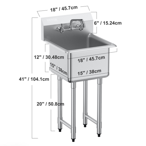 VEVOR 18"x41" Stainless Steel Prep & Utility Sink, 1 Compartment Free Standing Small Sink Include Faucet & legs, Commercial Single Bowl Sinks for