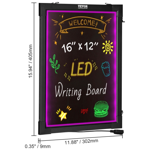 VEVOR 16"x12" LED Message Writing Board, Illuminated Erasable Lighted Chalkboard, Neon Effect Menu Sign Board, Drawing Board with 8 Fluorescent Chalk