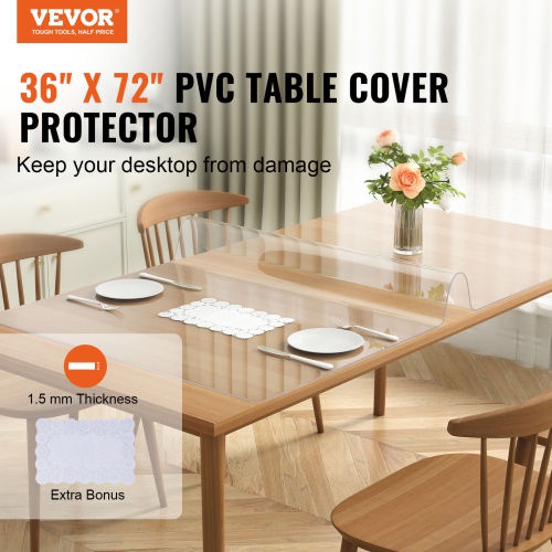 VEVOR 36" x 72" Clear Table Cover Protector, Table Cover, 1.5 mm Thick PVC Plastic Tablecloth, Waterproof Desktop Protector for Writing Desk, Coffee