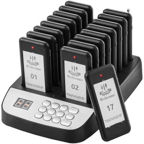 VEVOR 500m Restaurant Pager System, Wireless Long Range Lineup Waiting Queue Signal, Guest Customer Calling Beepers with Vibration & Flashing, 16