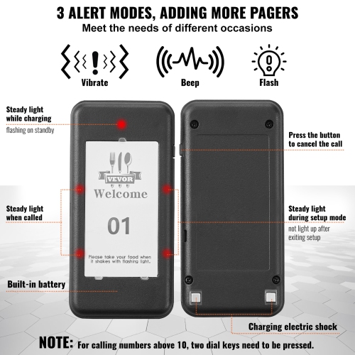 VEVOR 500m Restaurant Pager System, Wireless Long Range Lineup Waiting Queue Signal, Guest Customer Calling Beepers with Vibration & Flashing, 16
