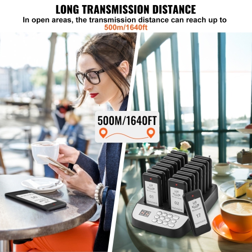 VEVOR 500m Restaurant Pager System, Wireless Long Range Lineup Waiting Queue Signal, Guest Customer Calling Beepers with Vibration & Flashing, 16