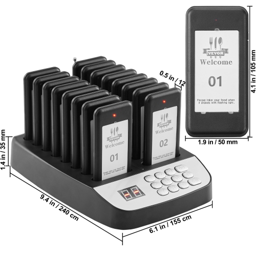 VEVOR 500m Restaurant Pager System, Wireless Long Range Lineup Waiting Queue Signal, Guest Customer Calling Beepers with Vibration & Flashing, 16
