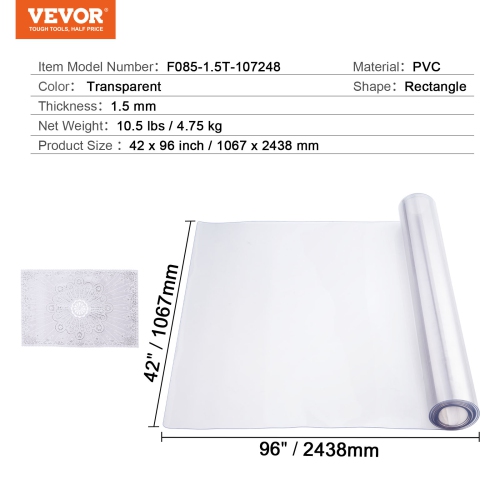 VEVOR Plastic Table Cover, 42 x 96 Inch 1.5 mm Thick Clear Table Protector, Rectangle PVC Desk Mat, Waterproof & Easy Cleaning Desk Pad Tablecloth,