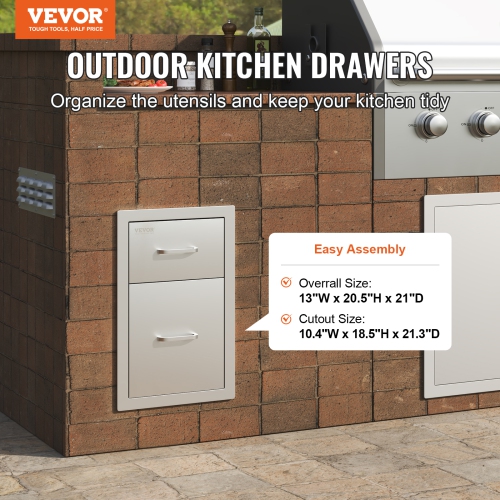 VEVOR 13"Wx20.4"Hx20.8"D Outdoor Kitchen Drawers, Flush Mount Double BBQ Access Drawers with Stainless Steel Handle, BBQ Island Drawers for Outdoor