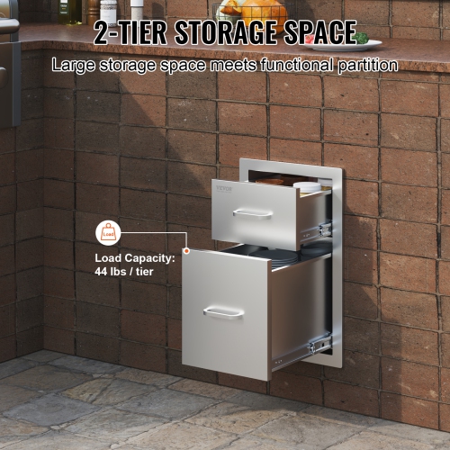 VEVOR 13"Wx20.4"Hx20.8"D Outdoor Kitchen Drawers, Flush Mount Double BBQ Access Drawers with Stainless Steel Handle, BBQ Island Drawers for Outdoor