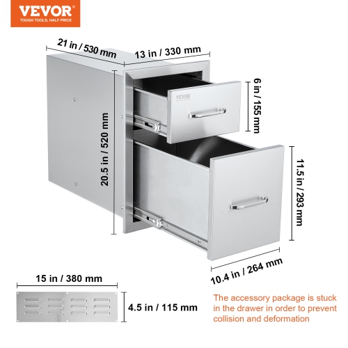 VEVOR 13"Wx20.4"Hx20.8"D Outdoor Kitchen Drawers, Flush Mount Double BBQ Access Drawers with Stainless Steel Handle, BBQ Island Drawers for Outdoor