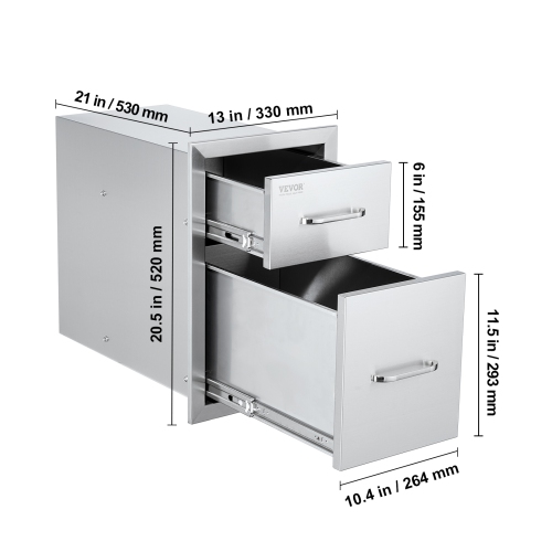 VEVOR 13"Wx20.4"Hx20.8"D Outdoor Kitchen Drawers, Flush Mount Double BBQ Access Drawers with Stainless Steel Handle, BBQ Island Drawers for Outdoor
