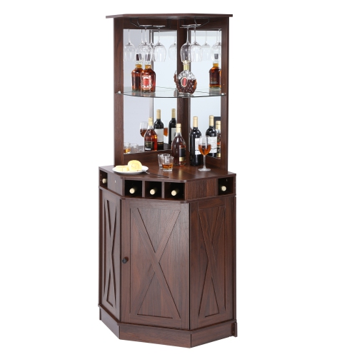 VEVOR Corner Industrial Bar Cabinet, Wine Table for Liquor & Glasses, Sideboard Buffet Cabinet with Glass Holder, Freestanding Farmhouse Wood Coffee