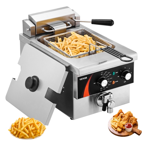 VEVOR 1750W Commercial Deep Fryer, Electric Countertop Fryer with Basket, 9Qt /8.5 L Single Oil Fryer, 1mm Thickened Stainless Steel, Time & Temp