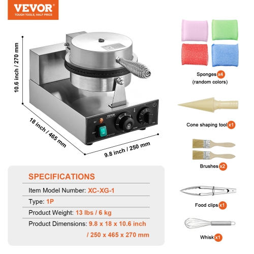 VEVOR 1230W Electric Ice Cream Cone Maker, Commercial Waffle Cone Machine, Non-Stick Stainless Steel Egg Roll Mold, with Temperature and Time
