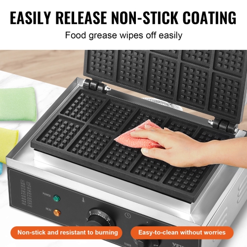 VEVOR 1550W Commercial Waffle Maker, 10PCS Rectangle Waffle Baker Machine, Non-Stick Stainless Steel Belgian Waffle Iron with Temp and Time Control,