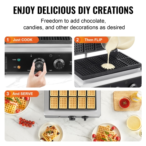 VEVOR 1550W Commercial Waffle Maker, 10PCS Rectangle Waffle Baker Machine, Non-Stick Stainless Steel Belgian Waffle Iron with Temp and Time Control,