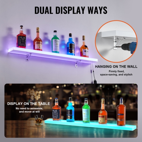VEVOR 1 Tier 40 Inch LED Lighted Liquor Bottle Display, Wall Mounted Whiskey Rack Stand, 1 Step Commercial Illuminated Home Bar Shelf, Acrylic Drinks