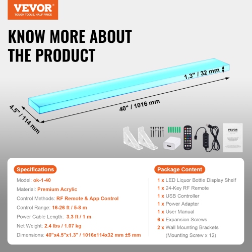 VEVOR 1 Tier 40 Inch LED Lighted Liquor Bottle Display, Wall Mounted Whiskey Rack Stand, 1 Step Commercial Illuminated Home Bar Shelf, Acrylic Drinks