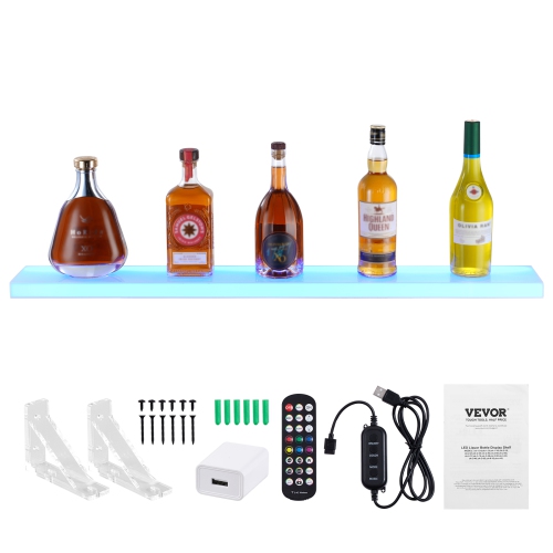 VEVOR 1 Tier 40 Inch LED Lighted Liquor Bottle Display, Wall Mounted Whiskey Rack Stand, 1 Step Commercial Illuminated Home Bar Shelf, Acrylic Drinks