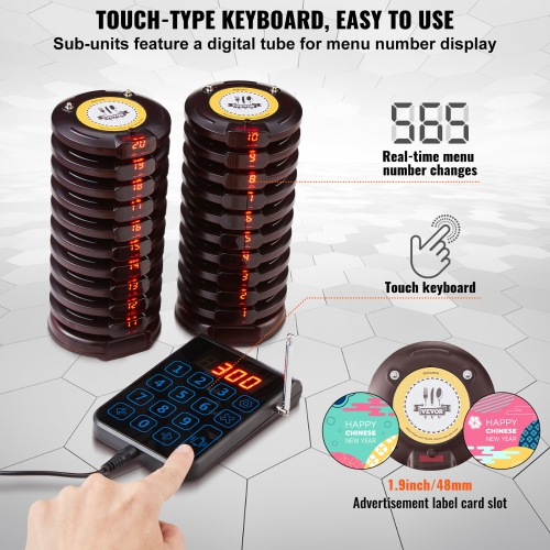 VEVOR 500m Restaurant Pager System, Wireless Long Range Lineup Waiting Queue Signal, Guest Customer Calling Beepers with Vibration & Flashing, 20