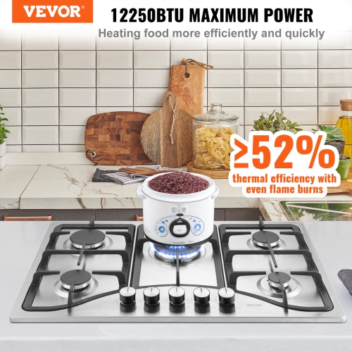 VEVOR 30 inch Gas Cooktop, Max 12250BTU 5 Burners Built-in Stainless Steel Gas Stove Top, LPG/NG Convertible Dual Fuel Natural Gas Hob with