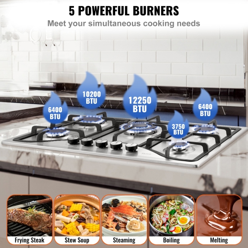 VEVOR 30 inch Gas Cooktop, Max 12250BTU 5 Burners Built-in Stainless Steel Gas Stove Top, LPG/NG Convertible Dual Fuel Natural Gas Hob with