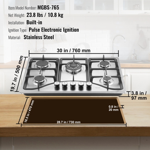 VEVOR 30 inch Gas Cooktop, Max 12250BTU 5 Burners Built-in Stainless Steel Gas Stove Top, LPG/NG Convertible Dual Fuel Natural Gas Hob with