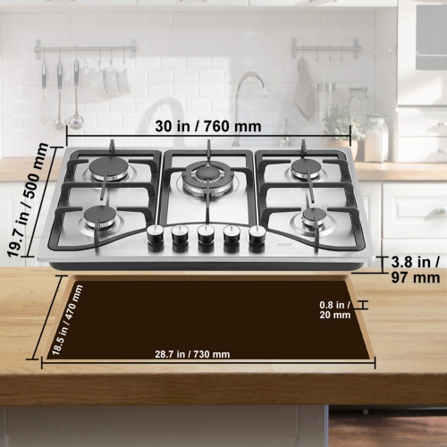 VEVOR 30 inch Gas Cooktop, Max 12250BTU 5 Burners Built-in Stainless Steel Gas Stove Top, LPG/NG Convertible Dual Fuel Natural Gas Hob with