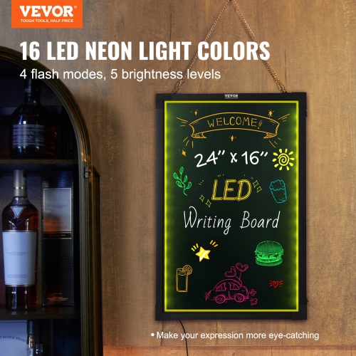 VEVOR 24"x16" LED Message Writing Board, Illuminated Erasable Lighted Chalkboard, Neon Effect Menu Sign Board, Drawing Board with 8 Fluorescent Chalk