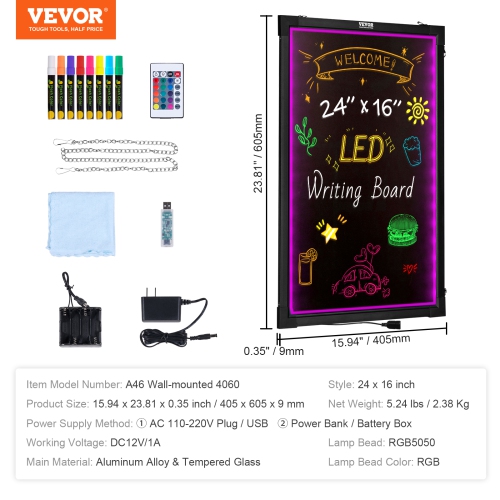 VEVOR 24"x16" LED Message Writing Board, Illuminated Erasable Lighted Chalkboard, Neon Effect Menu Sign Board, Drawing Board with 8 Fluorescent Chalk