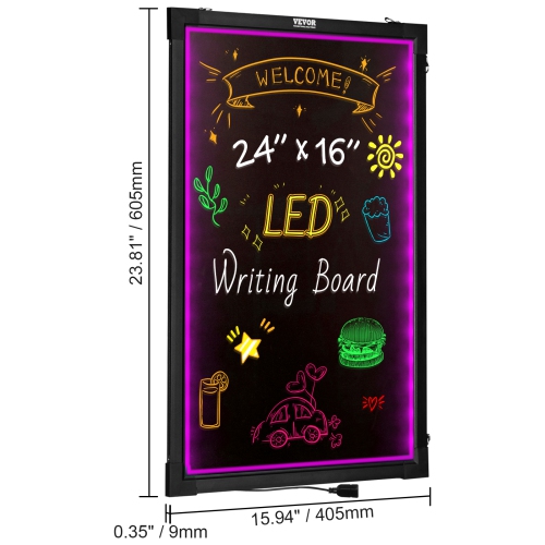 VEVOR 24"x16" LED Message Writing Board, Illuminated Erasable Lighted Chalkboard, Neon Effect Menu Sign Board, Drawing Board with 8 Fluorescent Chalk