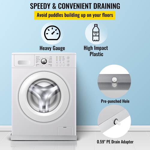 VEVOR 27 x 25 x 2.5 Inch Washing Machine Pan 304 Stainless Steel Washing Machine Drain Pan 18 GA Thickness Heavy Duty Compact Washer Drip Tray with