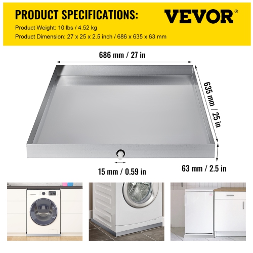 VEVOR 27 x 25 x 2.5 Inch Washing Machine Pan 304 Stainless Steel Washing Machine Drain Pan 18 GA Thickness Heavy Duty Compact Washer Drip Tray with