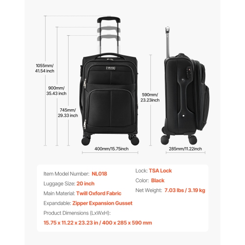 Valise souple extensible de 20&nbsp;po VEVOR avec roulettes pivotantes, bagage de cabine souple, valise enregistrée légère avec pochette extensible à