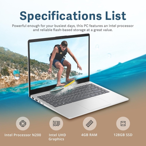 Open Box - HP 14" FHD IPS Business Laptop, Intel N200 Processor, 4GB RAM, 128GB SSD, Intel UHD Graphics, Backlit Keyboard, Wi-Fi 6, Webcam, Windows