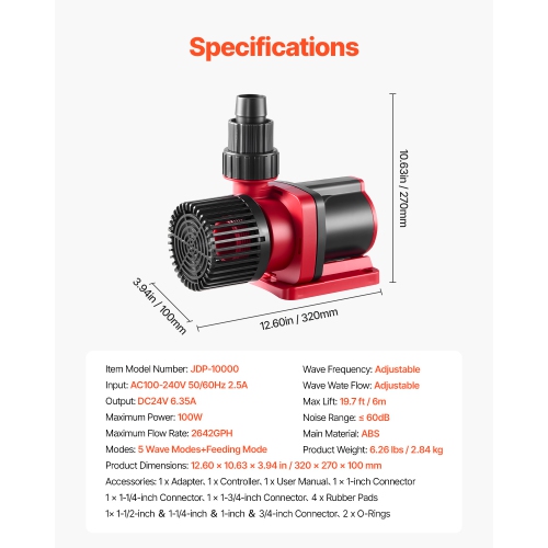 VEVOR 24V DC Aquarium Water Pump, 100W, 2642 GPH Marine Wavemaker Return Pump with Controller, Adjustable Flow, Feed Mode, 19.7 ft Max Lift, for