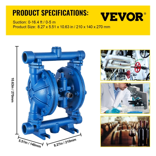 VEVOR 3 GPM Air-Operated Double Diaphragm Pump, 1/2 in Inlet & Outlet, Cast Iron Body,Max 90 PSI, Nitrile Diaphragm Pneumatic Transfer Pump for