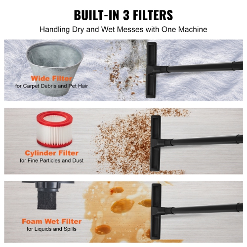 VEVOR 8 Gallon Stainless Steel Wet Dry Shop Vacuum, 6 Peak HP Wet/Dry Vac, Powerful Suction with Blower Function with Attachments 2-in-1 Crevice