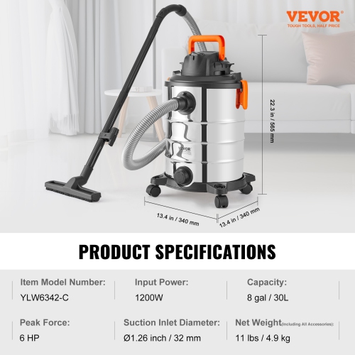 VEVOR 8 Gallon Stainless Steel Wet Dry Shop Vacuum, 6 Peak HP Wet/Dry Vac, Powerful Suction with Blower Function with Attachments 2-in-1 Crevice