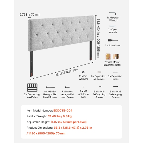 VEVOR Headboard, Full Size Headboard with Adjustable Height, Comfortable Diamond Tufted for Full Size Bed, W 56.3 x H(35.6-47.4)inches, Ideal for
