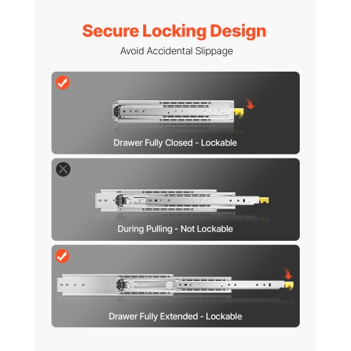 VEVOR 500 lbs Load Set of Two Drawer Rails, Sizes Ranging from 16 to 60 inches, Ball Bearing Equipped with Locking Mechanism, Side Mounted Slide Rail