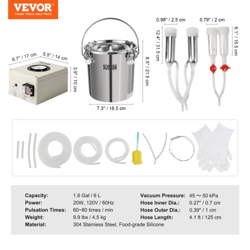 VEVOR Goat Milking Machine, 6 L 304 Stainless Steel Bucket, Electric Automatic Pulsation Vacuum Milker, Portable Milker with Food-grade Silicone Cups