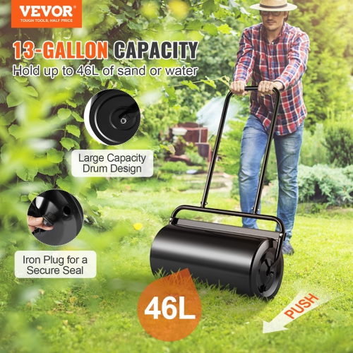 VEVOR 13 Gallon Lawn Roller, Sand/Water Filled Yard Roller, Steel Sod Roller with Plug and U-Shaped Ergonomic Handle for Easy Push and Pull, for