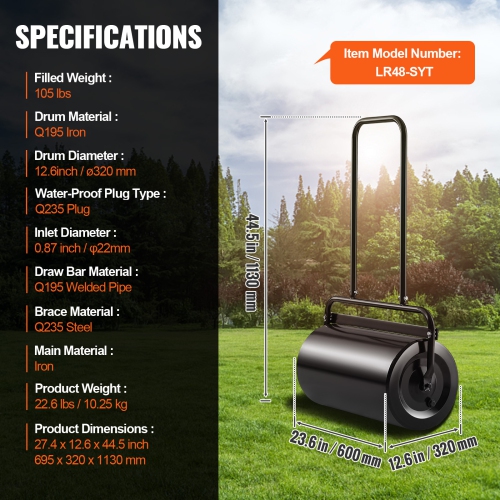 VEVOR 13 Gallon Lawn Roller, Sand/Water Filled Yard Roller, Steel Sod Roller with Plug and U-Shaped Ergonomic Handle for Easy Push and Pull, for