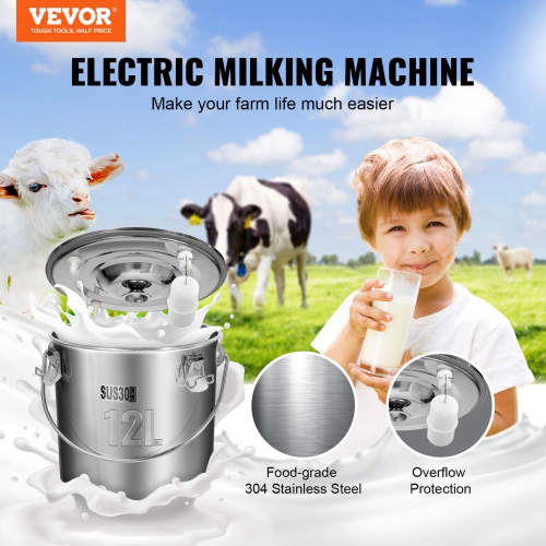 VEVOR Goat Milking Machine, 12 L 304 Stainless Steel Bucket, Electric Automatic Pulsation Vacuum Milker, Portable with Food-grade Silicone Cups and