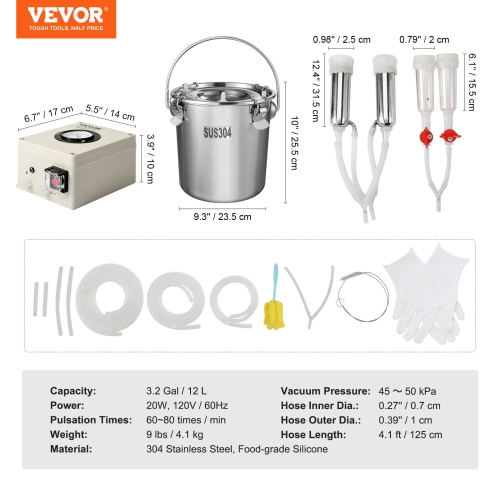 VEVOR Goat Milking Machine, 12 L 304 Stainless Steel Bucket, Electric Automatic Pulsation Vacuum Milker, Portable with Food-grade Silicone Cups and